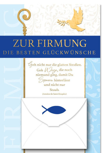 Firmung Glückwunschkarte mit Geldgeschenk-Fach, Taube & Folienprägung, Saint-Exupéry Zitat – Glaube & Religion Feierkart
