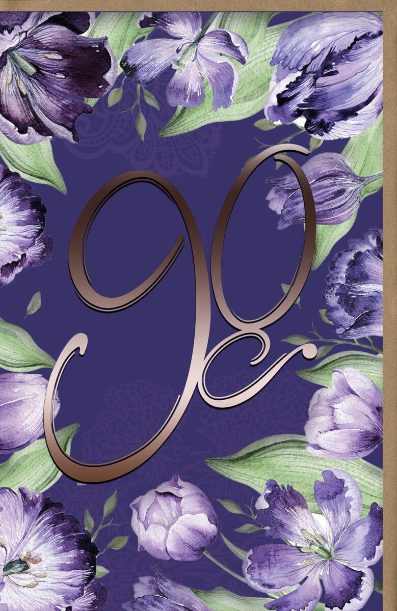 90. Geburtstag Doppelkarte - Elegante Lila Blumen & Große Zahl, Grafischer Hintergrund, Edle Glückwunsch Grußkarte für Jubiläum & Feier