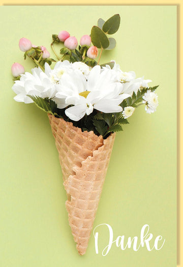 Danksagung Doppelkarte mit Blumen & Eishörnchen - Originelle Grußkarte zum Danke Sagen, Gelb Weiß Grün, Eukalyptus & Margeriten Design