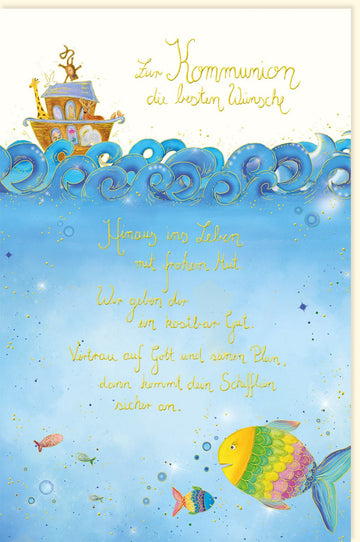 Erstkommunion Doppelkarte - Premium Glückwunschkarte mit Fisch, Schiff & Meerestieren - Segenswünsche zur Feier des Sakraments