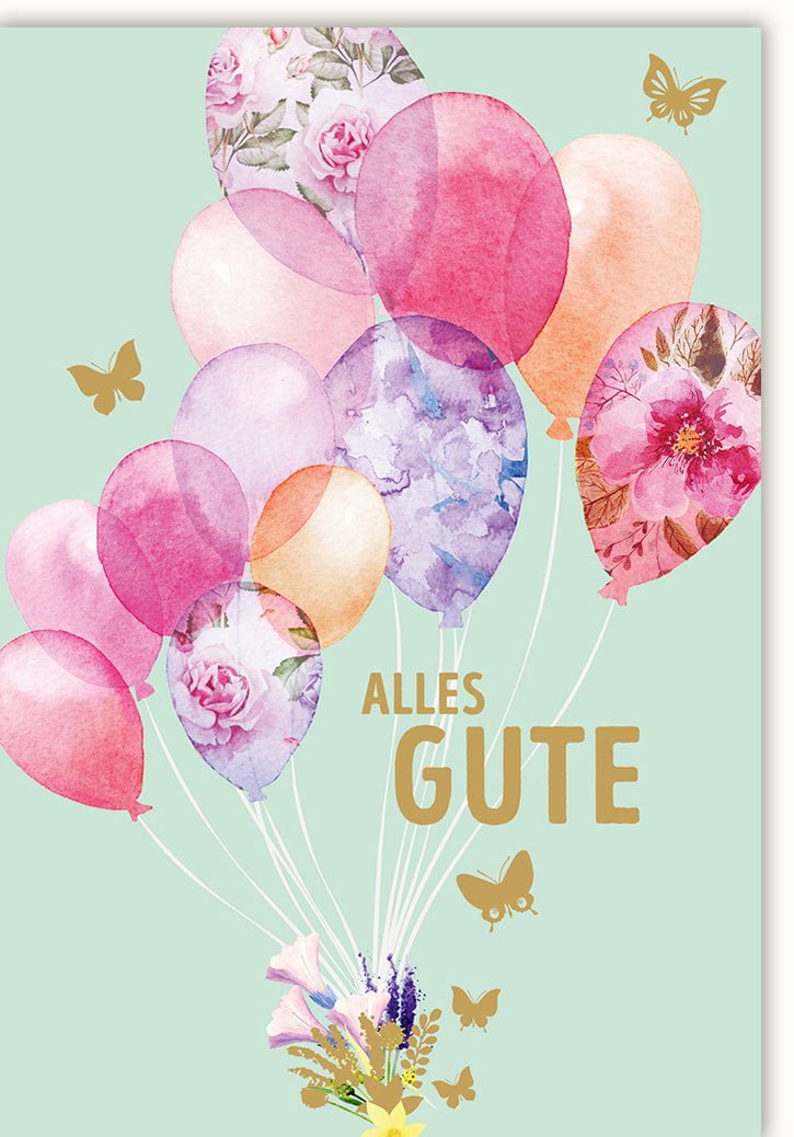 Abschiedskarte mit Luftballons & Blumen – Elegante Grußkarte mit Schmetterlingen in Pastellfarben, Ideal für Feier & Verabschiedung – Bildschöne Illustration Design