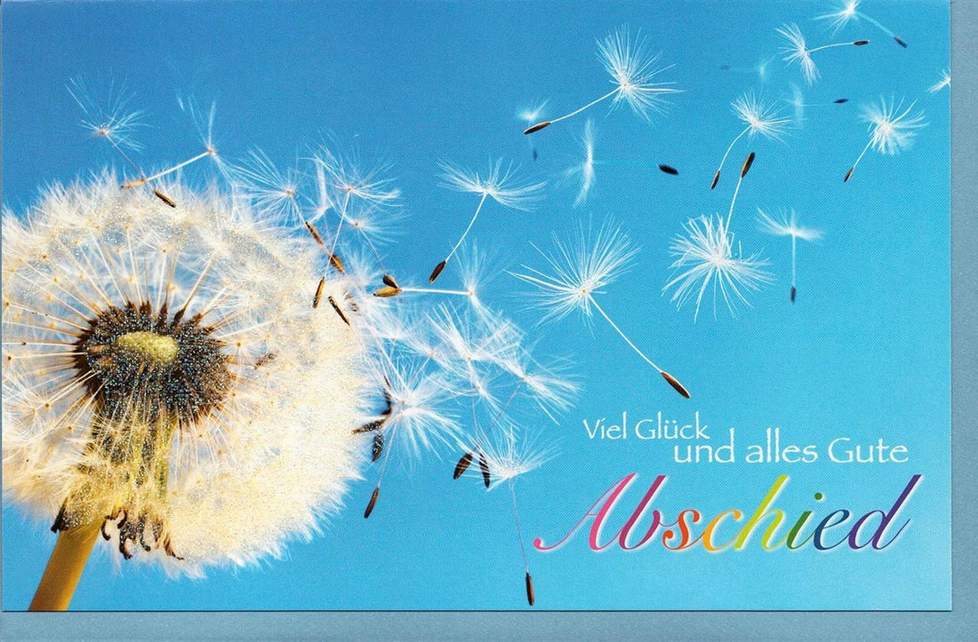 Abschiedskarte Ruhestand - Pusteblume mit Glimmer, Glückwünsche & Wünsche zur Verabschiedung, Farewell Karte für Kollege, Freundschaft & Neuanfang