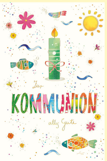Erstkommunion Doppelkarte - Glückwunsch mit Kerze & Fisch Motiv auf Naturkarton, Sonne Design für Kinder, Familie und Kirchenfeier