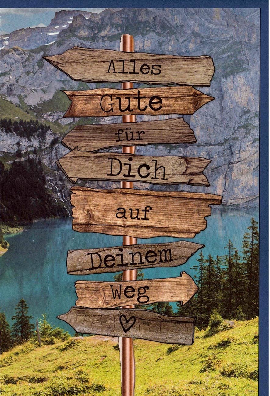 Abschieds- & Neuanfang Doppelkarte – Berge & Natur Motiv, Holzschilder Design – Ideal für Wegzug, Reise & Abenteuer Wünsche