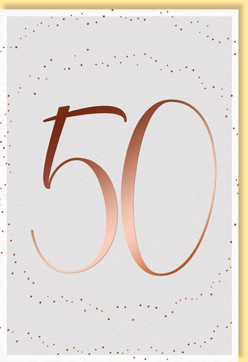 Doppelkarte zum 50 Geburtstag mit Umschlag elegante goldene Zahl 50 auf weißem Hintergrund stilvolle Punkte Design hochwertige Geburtstagskarte mit Umschlag
