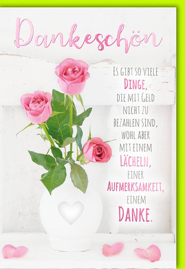 Danksagung Doppelkarte mit Blumen & Vase - Elegante Dankeskarte in Rosa/Weiß, Herz & Handschrift Design auf Holz Hintergrund für Liebe & Zuneigung