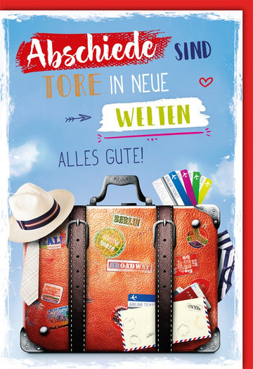 Abschiedskarte für Weltreise: Viel Glück & Abenteuer - Neuanfang Grußkarte mit Koffer-Sticker Design