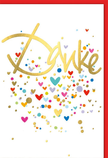 Danksagung Doppelkarte – Liebevolle Anerkennung mit Herz, Gold Schriftzug & Konfetti Design, Farbenfroh für jeden Anlass