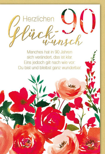 90. Geburtstag Doppelkarte - Elegante Aquarell Blumen Glückwunschkarte, Herzlichen Jubiläumsgruß, Feierliche Gratulation