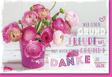 Danksagung Doppelkarte mit Blumenstrauß-Motiv – Ranunkeln in Rosa & Pink, Handlettering-Stil für Anlässe & Feierlichkeiten