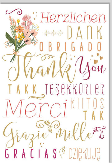 Danksagungskarte Mehrsprachig - Internationale Dankeskarte mit "Thank You, Merci, Gracias, Grazie" Design, Blumen & Herzlichen Dank Motiv für Anlässe & Feiern - Ausdruck der Wertschätzung