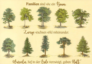 Familie & Zusammenhalt Themen-Postkarte – Grüner Baum des Lebens mit Wurzeln, Zweigen Illustration, Vintage Design – Textbotschaft über Liebe, Geborgenheit und Verbindung, Naturmotiv mit Spruch für Wachstum und Einheit