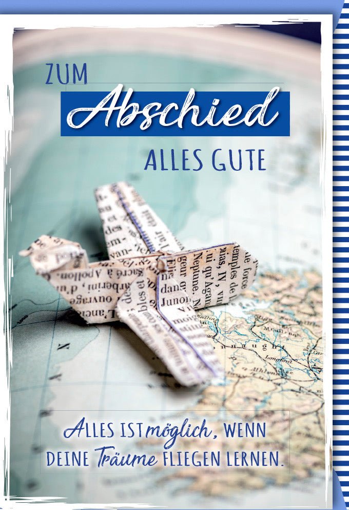 Abschieds- & Reise-Doppelkarte "Neue Horizonte" - Glückwünsche mit Weltkarte & Papierflugzeug, La Vida Verlag Dominique