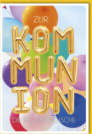 Erstkommunion Doppelkarte – Glückwunschkarte mit Ballons & Goldbuchstaben für Kinder, Feierliches Sakrament-Gruß zur Heiligen Kommunion