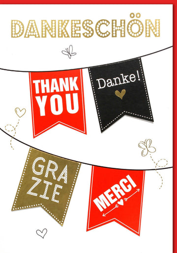 Danksagungskarte Maxi A4 XXL - Mehrsprachiges Dankeschön in Schwarz, Rot, Gold & Weiß mit Wimpel & Schmetterlingen für Feier & Anlässe - Große Thank You/Grazie/Merci Karte
