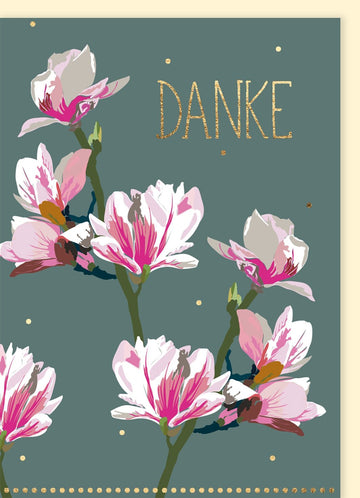 Danksagung Doppelkarte mit elegantem Blumenmuster – Magnolien & Goldschrift, Grußkarte zur Wertschätzung, Floral Dankeskarte für jeden Anlass