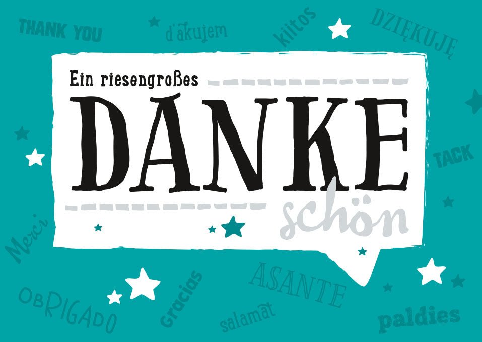 Dankeschön-Postkarte mit Sternen: Türkis-Weiß, Textgrafik, Multilingual Gratitude & Anerkennung, 10er Set