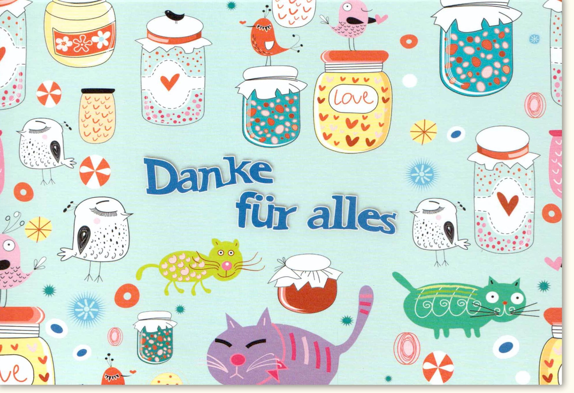 Danksagung Doppelkarte - Bunte Tierillustrationen mit Einmachgläsern, Herzchen, Vogel & Katze - Liebevolles 'Danke für Alles' Design für Jeden Anlass