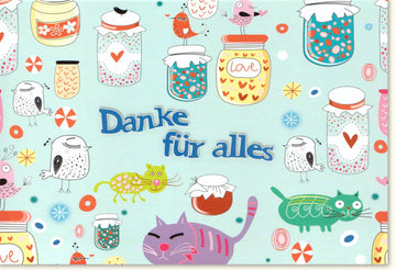 Danksagung Doppelkarte - Bunte Tierillustrationen mit Einmachgläsern, Herzchen, Vogel & Katze - Liebevolles 'Danke für Alles' Design für Jeden Anlass