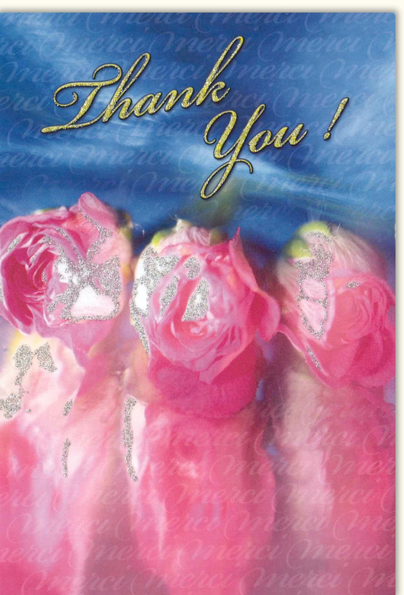 Danksagungskarte mit Glitzerlack und Rosa Rosen - Elegante Dankeskarte mit Schriftzug für Feier & Anlass, Thank You