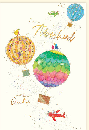 Abschiedskarte mit Heißluftballon-Motiv - Farbenfrohe Farewell Glückwunschkarte für Gute Reise, Skorpion Design mit Glitzer, Ideal zur Verabschiedung