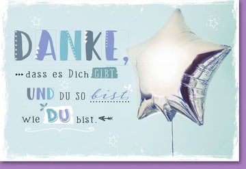 Danksagung Doppelkarte mit Sternen & Ballon - Persönliche Dankeskarte in Silberglanz mit Textbotschaft für besondere Wertschätzung