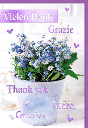 Danksagungskarte mit Blumenmotiv - Herzlichen Dank, Vielen Dank, Grazie, Thank You, Merci, Gracias - Bunte Grußkarte & Dankeskarte für Freunde und Familie, Wertschätzung & Anerkennung, Topfdesign in Blau & Lila
