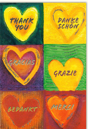 Danksagungskarte "Herzliche Dankbarkeit" - Mehrsprachiges Dankeschön mit Herzen, Internationaler Anlass, Farbenfroh, Liebe & Wertschätzung, Thank You/Gracias/Grazie/Merci/Bedankt - 210x148mm