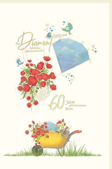 Diamanthochzeit Glückwunschkarte - Elegante Doppelkarte zum 60. Jahrestag, Romantischer Rosenstrauß, Liebe & Jubiläum, Vintage-Stil Feierkarte mit Gartendekor Motiv, Edle Festlichkeits-Ehejubiläumskarte