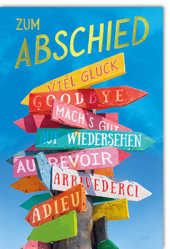 Abschieds- & Glückwunschkarte: Farbenfroher Wegweiser, Vielsprachige Grußkarte von Galerie Dominique