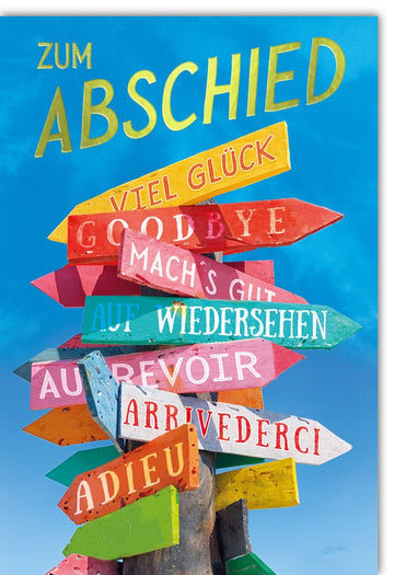 Abschieds- & Glückwunschkarte: Farbenfroher Wegweiser, Vielsprachige Grußkarte von Galerie Dominique
