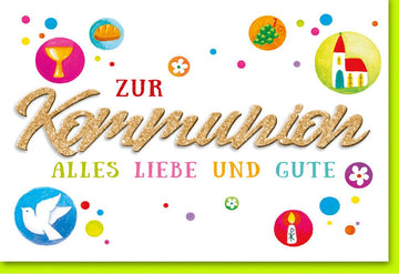 Erstkommunion Glückwunschkarte mit Tauben-Symbolik - Elegante Doppelkarte für Kinder, Familie & religiöse Feier, Christlicher Glaube & Segen, Kirchliche Zeremonie, Goldene Schrift, Grün & Gelb Design