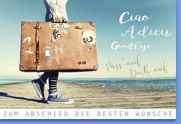 Abschiedskarte für Reisende - "Meeresblick & Reiselust" - Grußkarte mit Koffer, Strand & Himmel Motiv, Verlag Dominique farfalla, Wünsche zum Abschied Ciao Adieu Goodbye