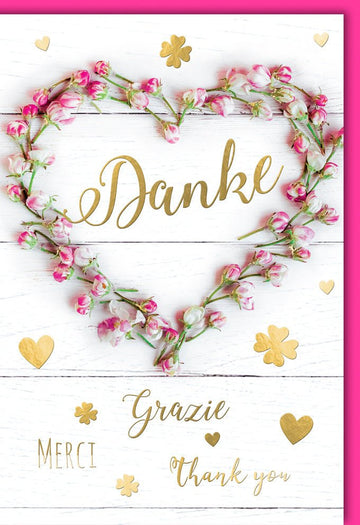 Danksagungskarten "Herzlichen Dank" - Blumen & Herz Design, Grusskarte zum Danke Sagen, Merci/Grazie/Thank You