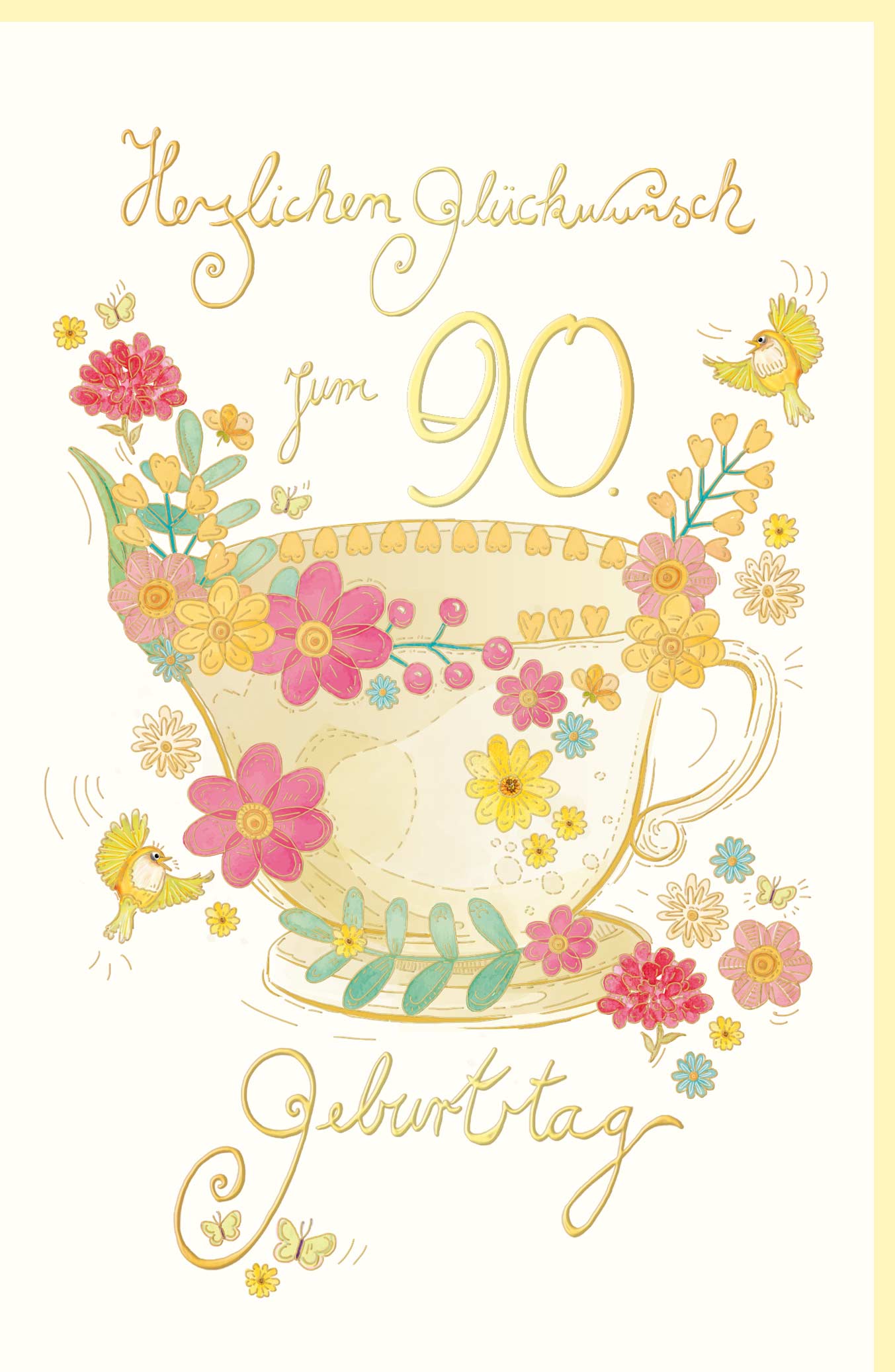 90. Geburtstag Doppelkarte - Elegante Vintage Glückwunsch mit Blumen, Tasse & Schmetterlingen in Pastellfarben, Herzliche Jubiläumsfeier Karte