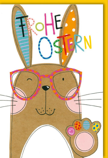 Frohe Ostern Doppelkarte mit Osterhasen - Motiv, Brille & Bunten Eiern – Frühlingshafter Ostergruß im Osternest - Design, Glückwunschkarte für den Feiertag