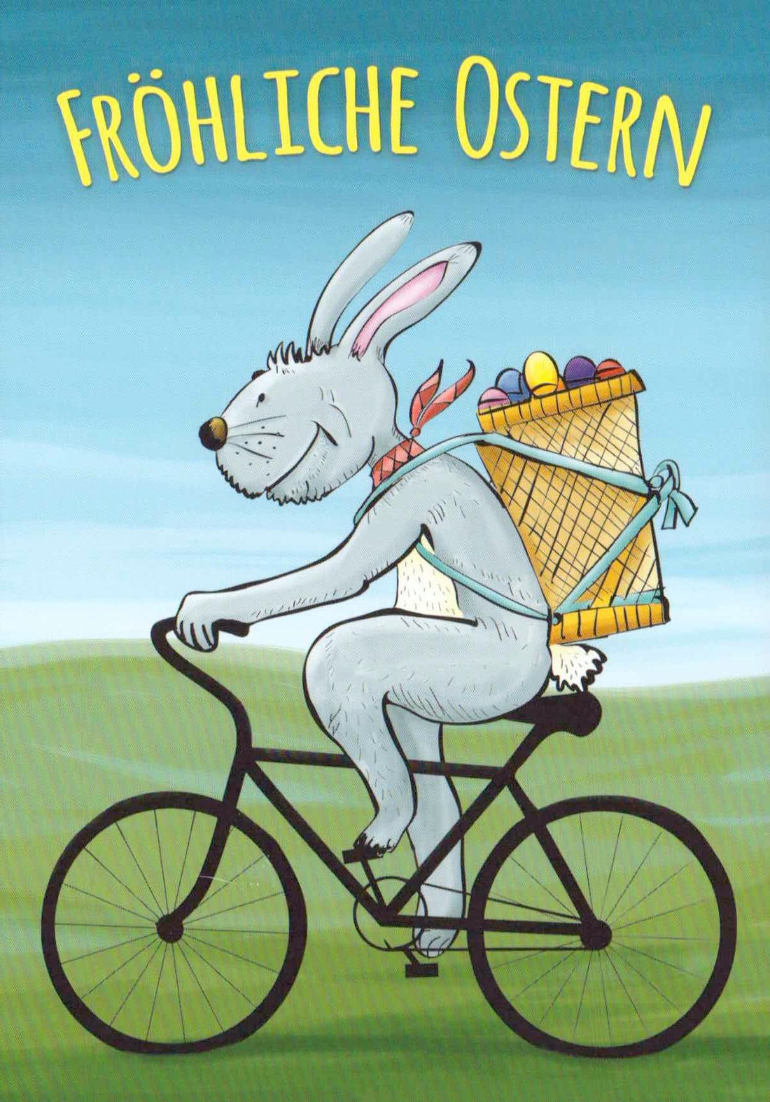 Fröhliche Osterkarten mit Hase auf Fahrrad, Bunter Eierkorb - Frühlingsgrußkarte für Feiertage, Cartoon Illustration von Wiese & Himmel, Entspannung & Freude, Festliche Familientradition Grußkarte