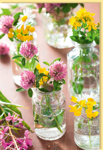 Frühlings - & Sommerblumen Doppelkarte - Blanko Naturmotiv Grußkarte ohne Text, Bunte Blüten für Tischdeko & Glasvasen, Ideal für Naturliebhaber & Gartenfreunde, Rosa Gelb Grüntöne, Allzweck Geschenkkarte