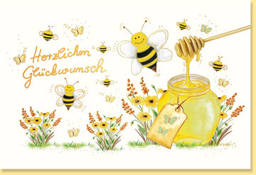 Frühlingsgeburtstag & Allgemeine Gratulation - Handgeschriebene Doppelkarte mit Blumen - und Bienenillustration, Naturkarton mit Goldfolie, Honigglas - Motiv, Gelb, für Erwachsene & Kinder, Feierliche Glückwunschkarte für Festlichkeiten und Freudenfeste