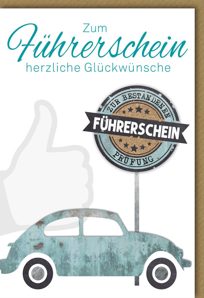 Führerschein Gratulationskarte - Vintage Glückwunschkarte zum Bestehen der Fahrprüfung, Retro Auto & Verkehrsschild Design, Daumen hoch Motiv