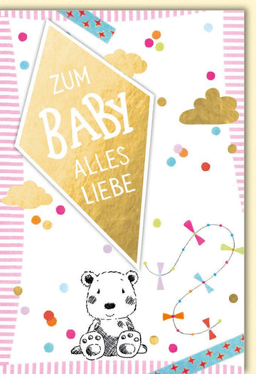 Geburt Babykarte - Herzlichen Glückwunsch Doppelkarte mit Bärchen, Konfetti & Wolken, Ideal für Babyshower & Neugeborene