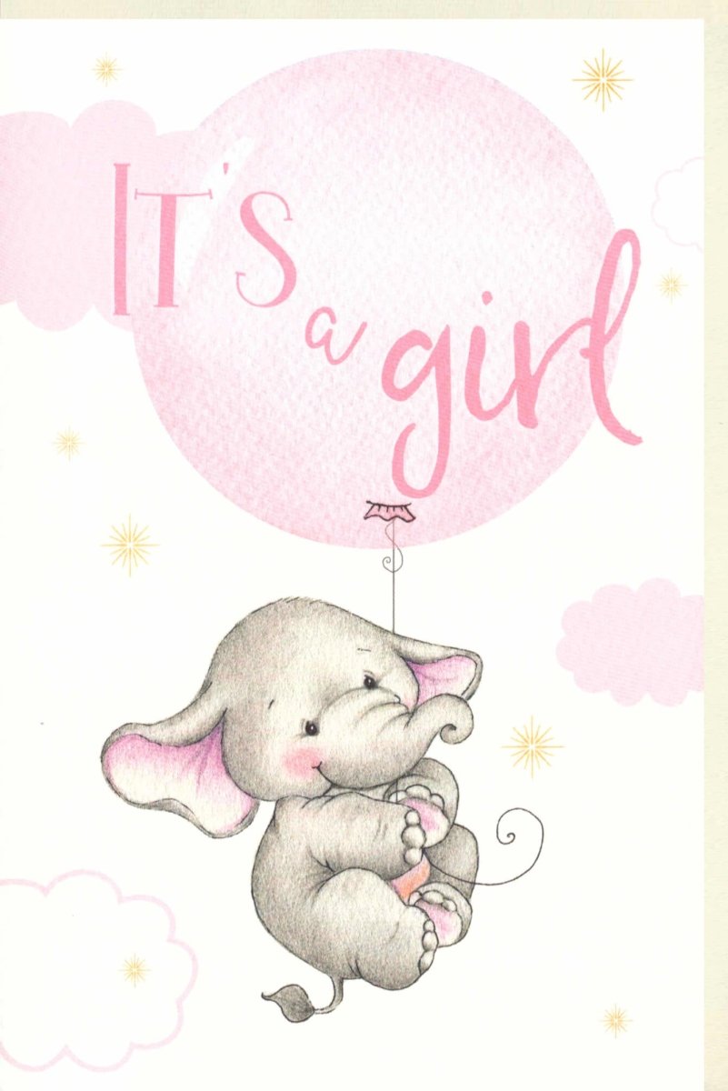 Geburt Doppelkarte für Mädchen - "It's a Girl" Elefant & Rosa Goldsterne, Glückwunschkarte auf Naturpapier