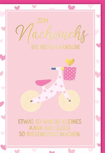 Geburt Doppelkarte für Mädchen - "Winzig Klein, Großes Glück" Glückwunschkarte mit Laufrad - Motiv in Rosa für Baby - Nachwuchs