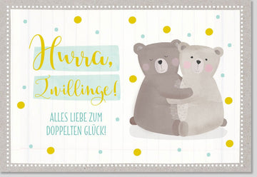 Geburt Doppelkarte für Zwillinge - Glückwunschkarte zur Zwillingsgeburt, Babykarte für Neugeborene, Gratulationskarte Geschwister, Doppeltes Glück für Eltern & Großeltern, Pastell Gelb Design