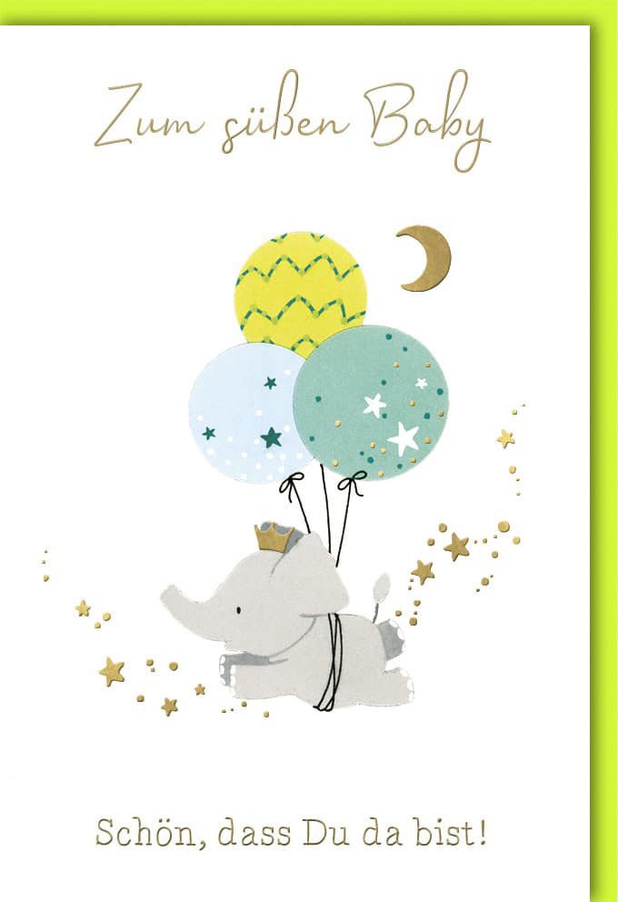 Geburt Doppelkarte - Glückwunschkarte zur Geburt eines Babys mit süßem Elefanten, Ballons, Sternen & Mond Motiv in Grün/Gelb für Eltern & Großeltern