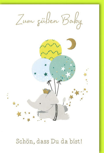 Geburt Doppelkarte - Glückwunschkarte zur Geburt eines Babys mit süßem Elefanten, Ballons, Sternen & Mond Motiv in Grün/Gelb für Eltern & Großeltern
