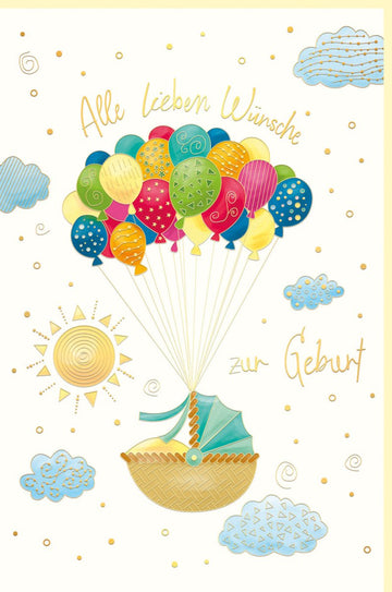 Geburt Doppelkarte - Glückwunschkarte zur Geburt eines Babys, Naturkarton Grußkarte mit Korb & Luftballons Motiv, Bunte Pastellfarben, Neutral & Unisex für Eltern, Familie & Freunde