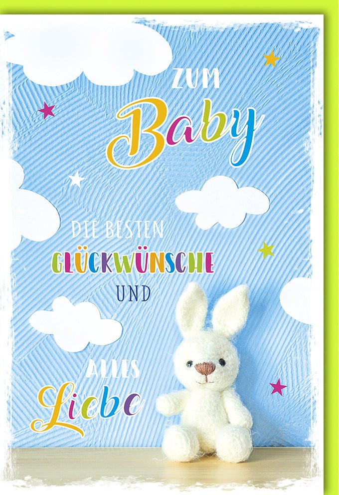 Geburt Doppelkarte - Herzlichen Glückwunsch zur Geburt: Babykarte mit Storch - Motiv, Wolken & Kuscheltier - Liebevolle Gratulationskarte für Neugeborenes, Ideal für Babyparty & Frischgebackene Eltern