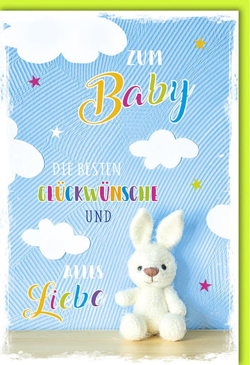 Geburt Doppelkarte - Herzlichen Glückwunsch zur Geburt: Babykarte mit Storch - Motiv, Wolken & Kuscheltier - Liebevolle Gratulationskarte für Neugeborenes, Ideal für Babyparty & Frischgebackene Eltern