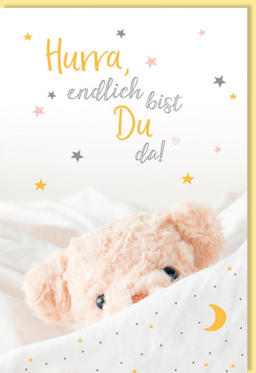 Geburt Doppelkarte - Hurra Neugeborenes! Glückwunschkarte mit Baby, Spruch, Kuscheltier, Sterne & Mond - Ideal für Babyshower & Gratulation